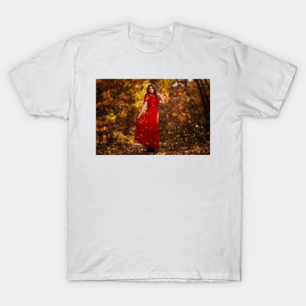 Woman in red dress in the oak forest, full body T-Shirt by naturalis